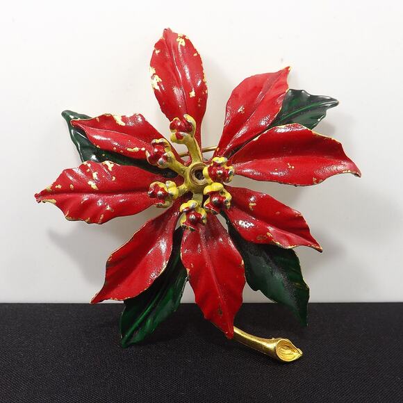 Weiss Poinsettia Brooch, Gold Plated Red Enamel, 1950s Vintage Jewelry - Picture 2 of 10